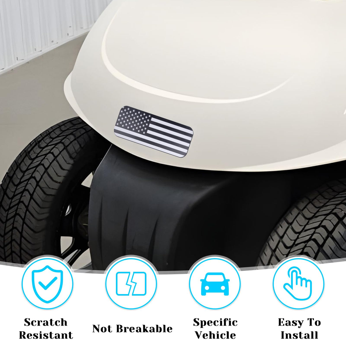 Alicatong matte black flag name plate mounted on EZ-GO cart for bold exterior detail.