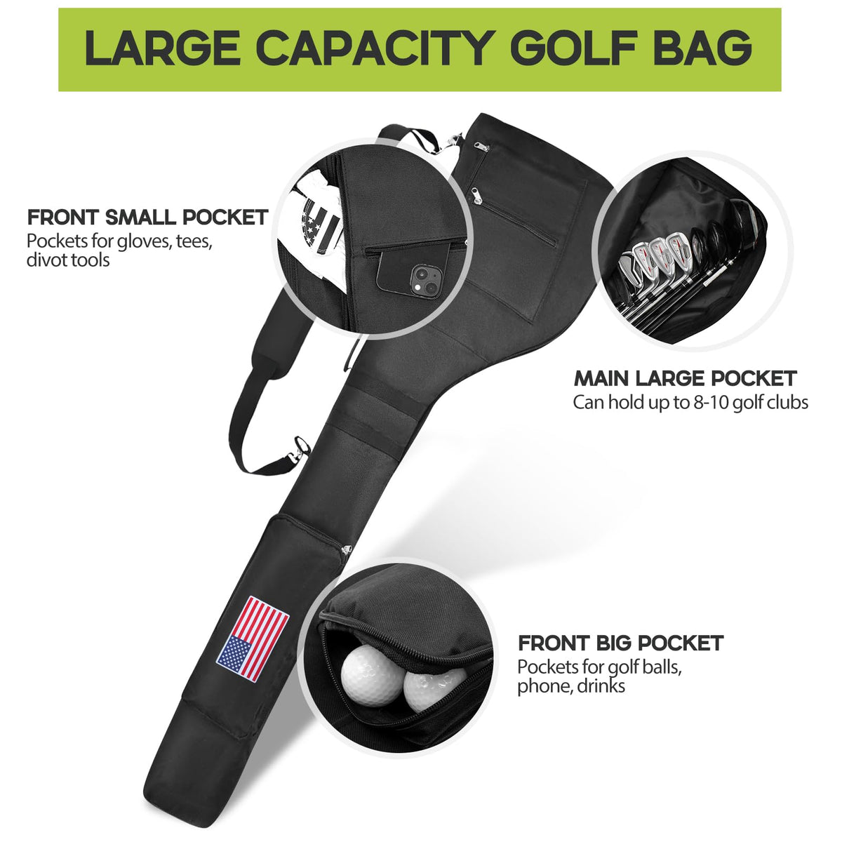 Aliennana golf bag large capacity with 3 front pockets for essentials.