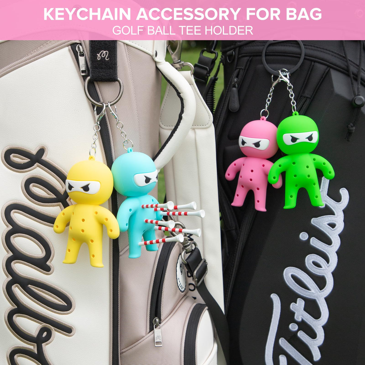 Aliennana Ninja Tee Holder keychain pink enables portable golf access.