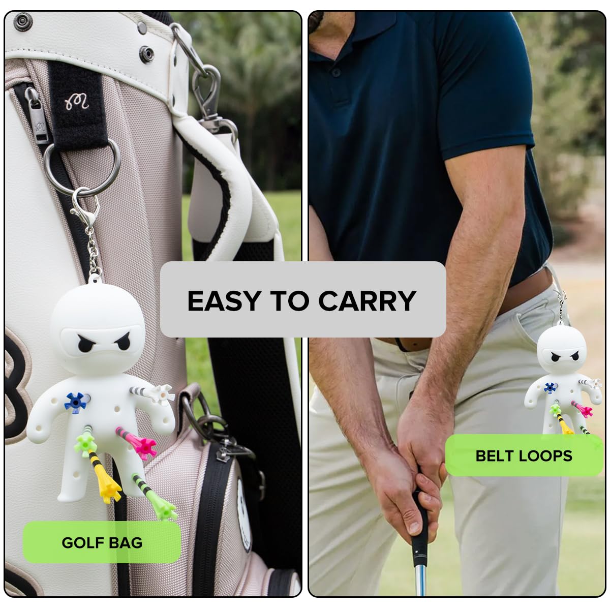 Travel-ready Ninja tees holder fits in golf bag pocket