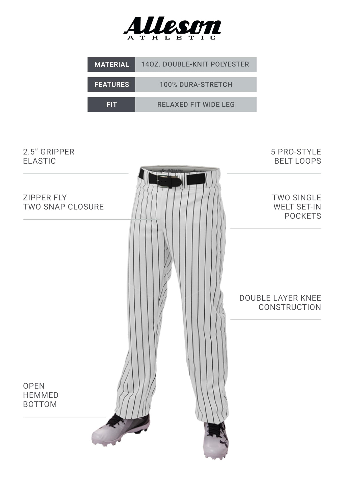 Alleson Athletic Crush Pinstripe Pant side view, pinstripe detail and movement-friendly design.