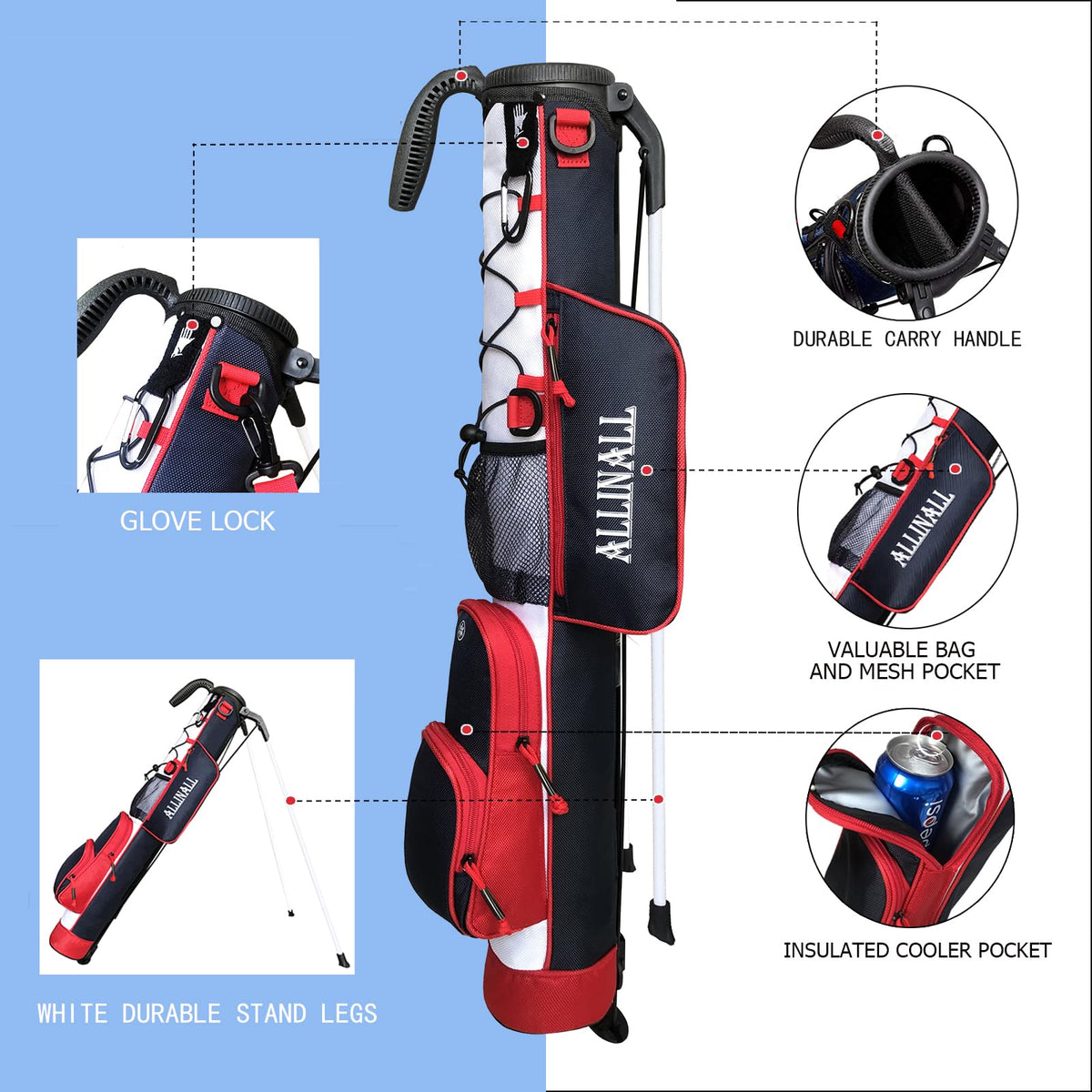 ALLINALL Sunday Golf Stand Bag multiple pockets for balls, tees, and accessories