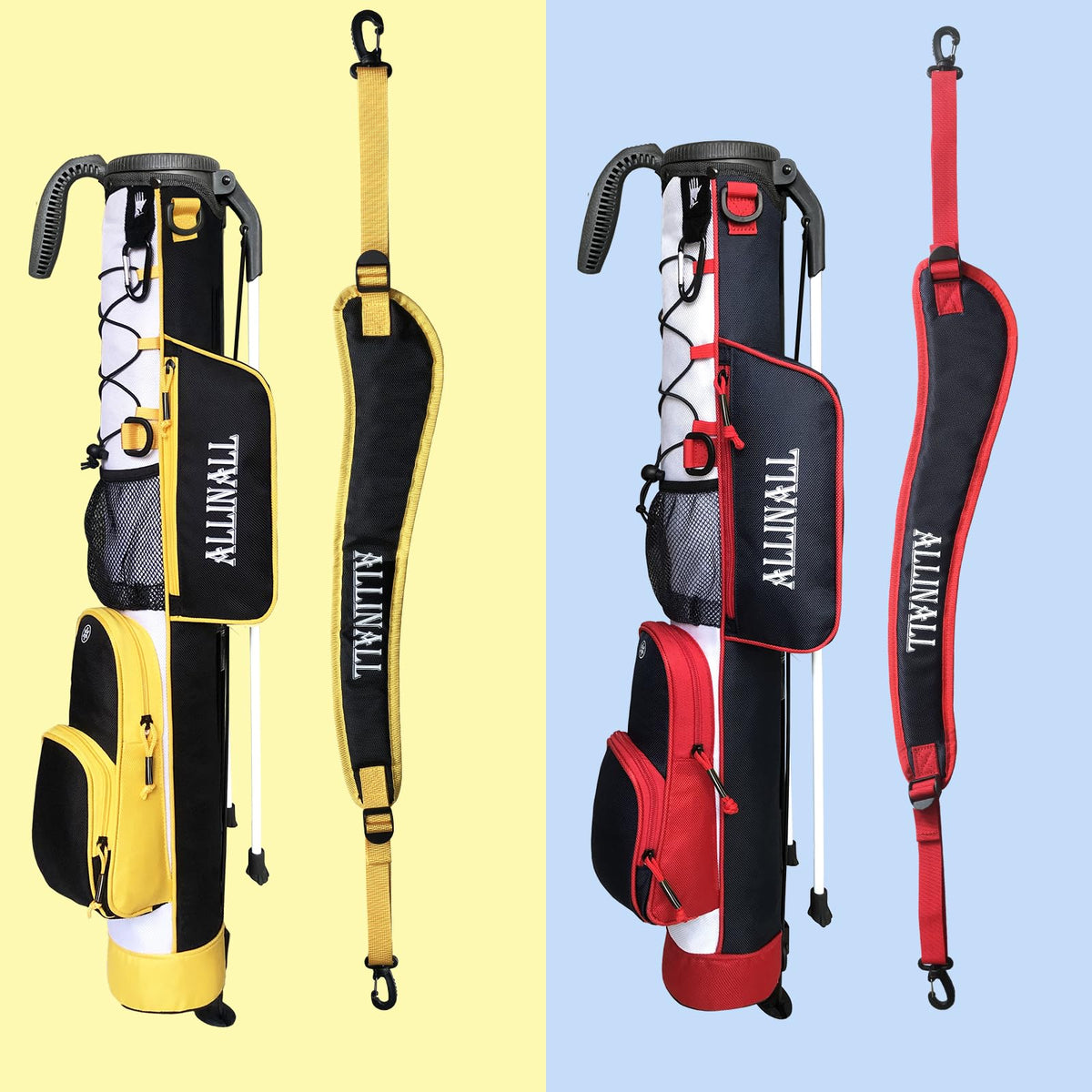 ALLINALL Sunday Stand Bag side pocket showing extra storage for balls and accessories.