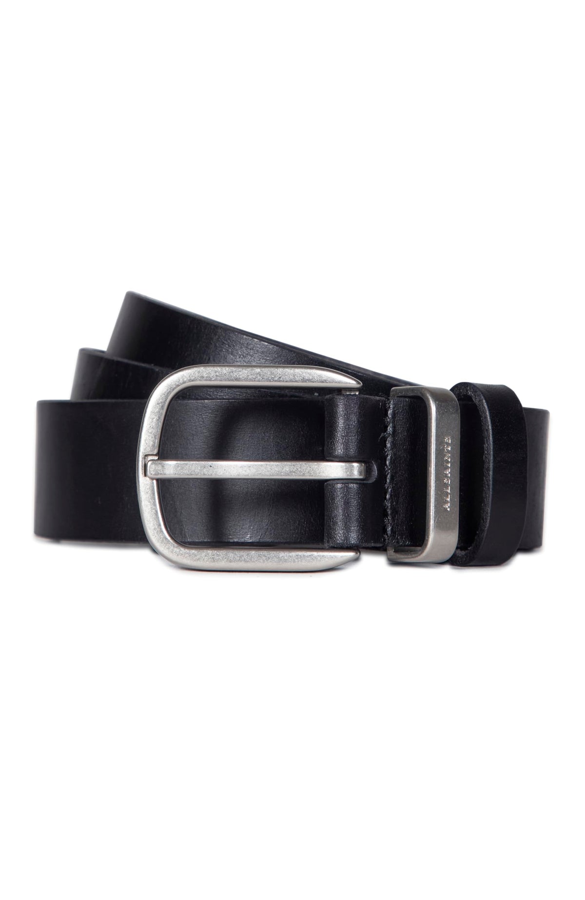 AllSaints leather belt with metal keeper in black for durable daily wear.