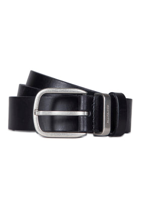 AllSaints leather belt with metal keeper in black for durable daily wear.