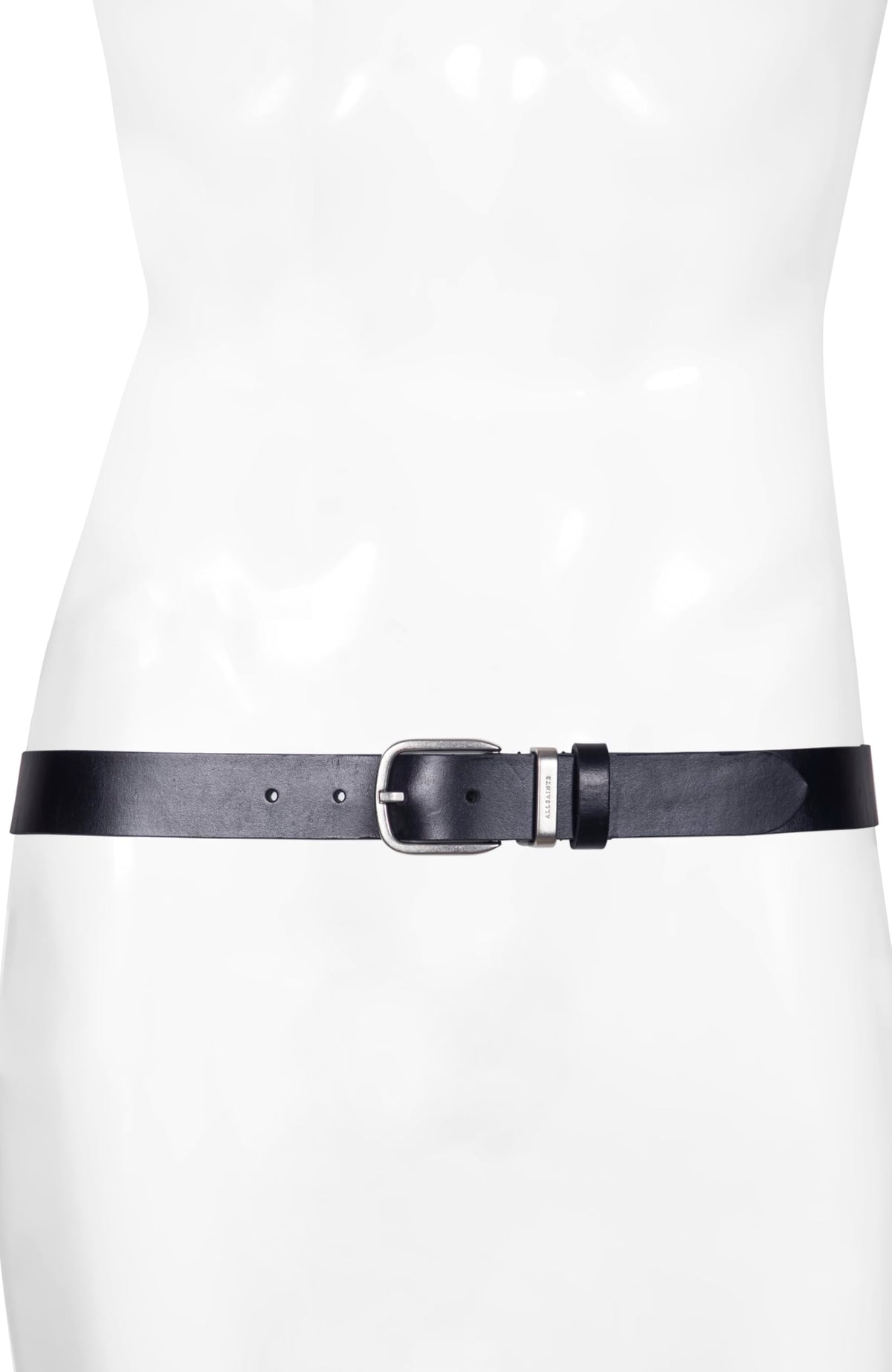 AllSaints logo keeper metal close-up highlights premium branding and craftsmanship.
