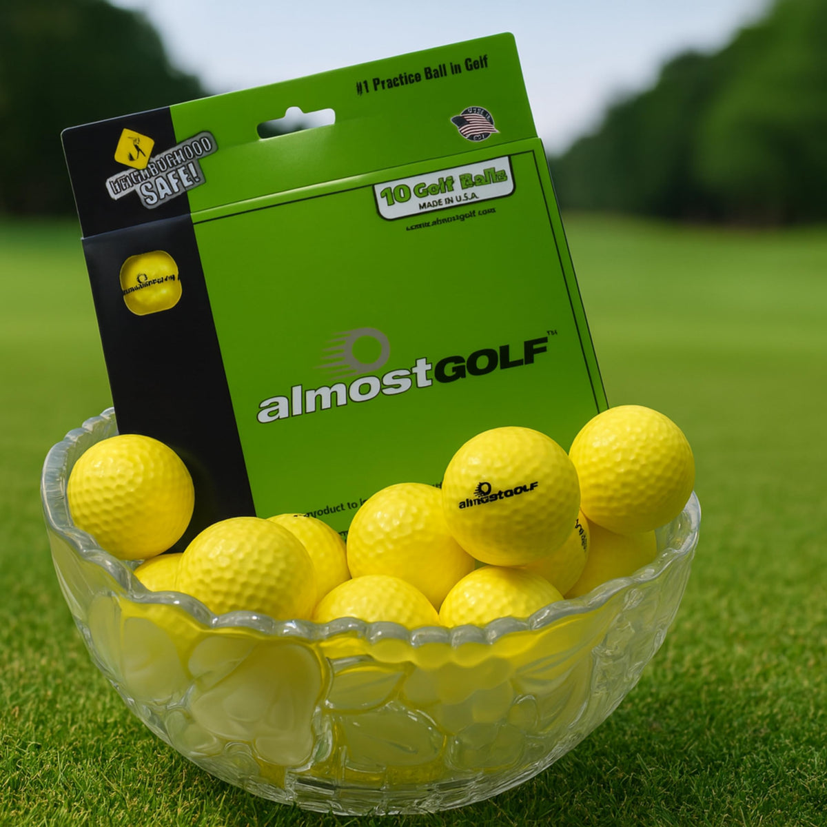AlmostGolf backyard setup showing portable practice with easy pickup
