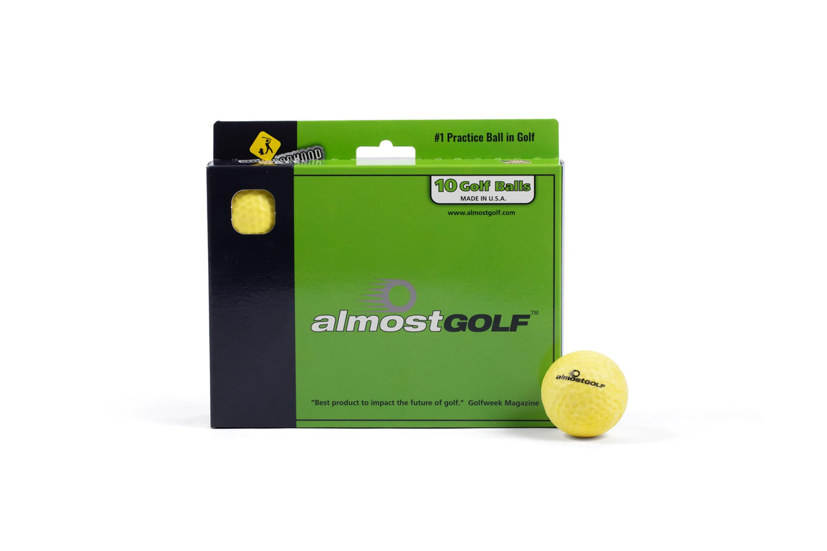 ALMOSTGOLF Limited Flight foam golf balls pack 10 yellow for backyard practice with realistic spin.