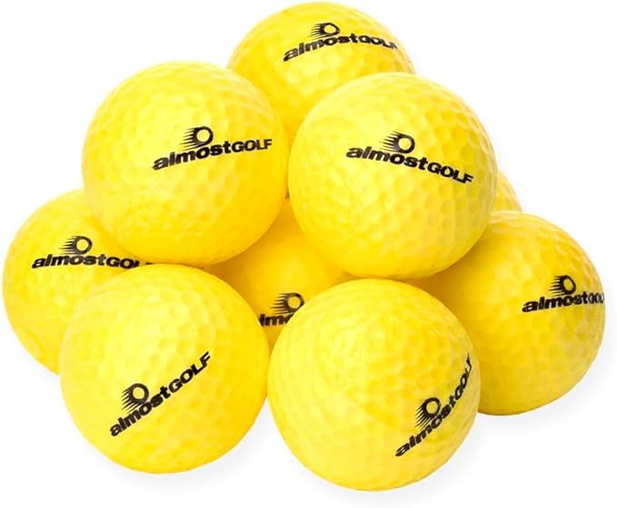 AlmostGOLF limited flight practice foam ball hi-vis yellow for backyard swing practice and real-feel feedback