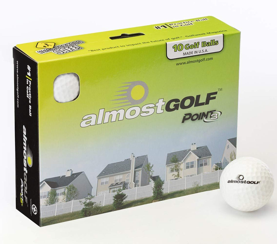 ALMOSTGOLF Point3 foam golf balls in a box for backyard practice and swing feedback.