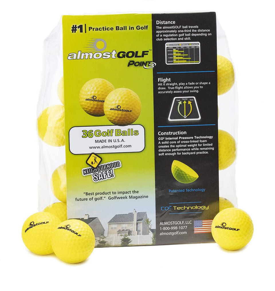 AlmostGolf yellow balls 36-pack seen in bright display for backyard practice