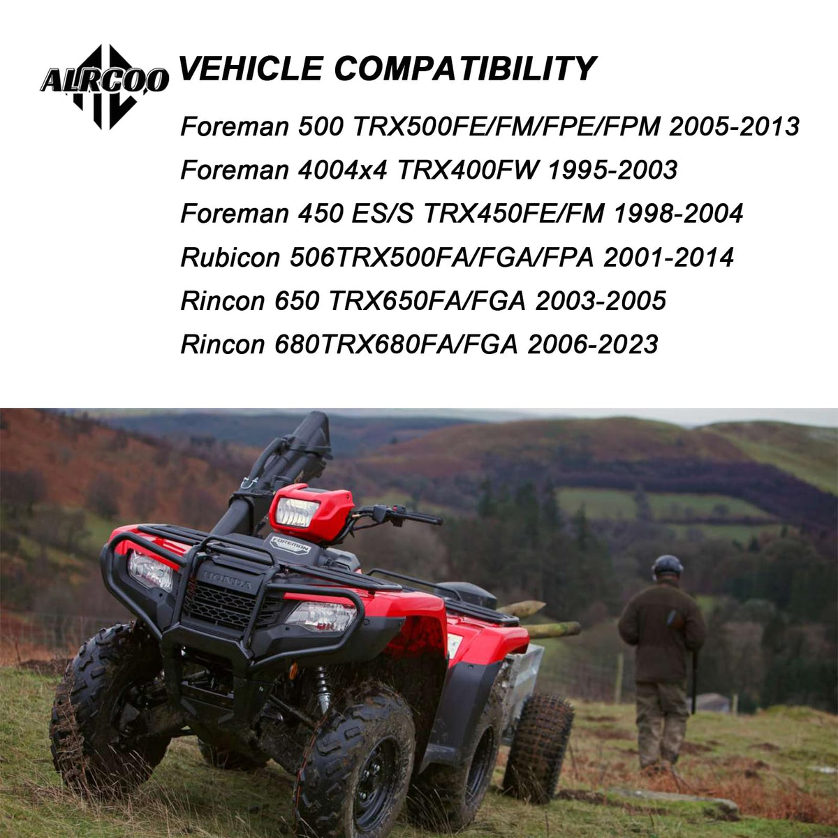 ALRCOO front wheel bearing kit for Honda Foreman 450, reduces play and noise.