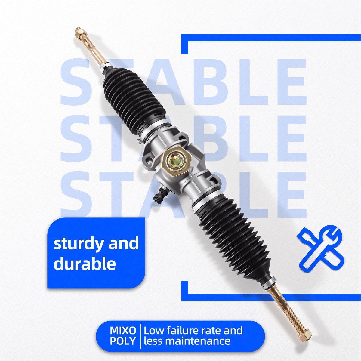 Aluminum and rubber construction of Mixopoly steering rack for durability