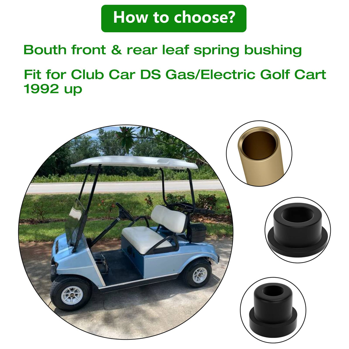 ALVAR front leaf spring bushings kit for Club Car DS smooths suspension over uneven ground