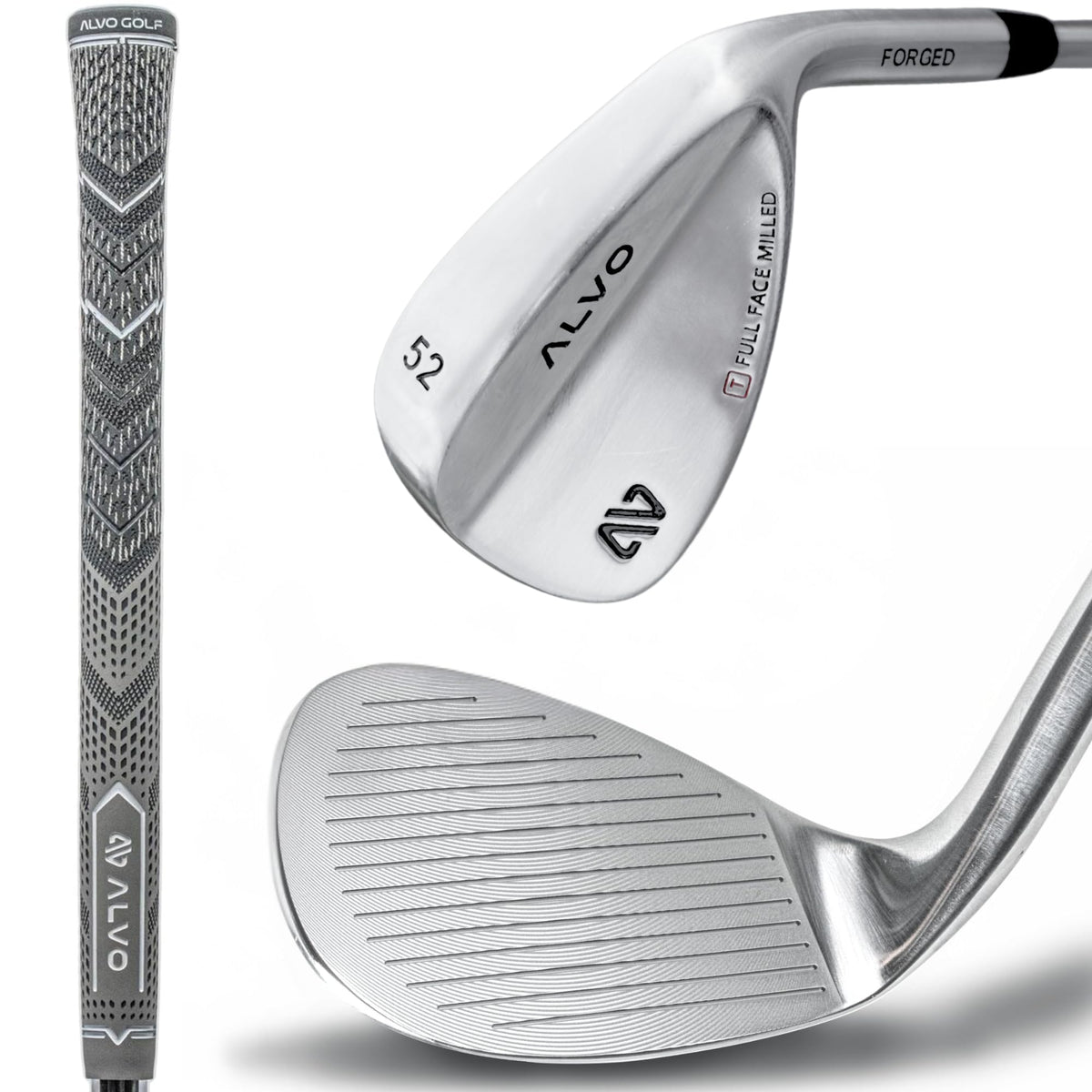 Alvo Golf satin chrome 52-degree wedge with precise loft for reliable approach shots.
