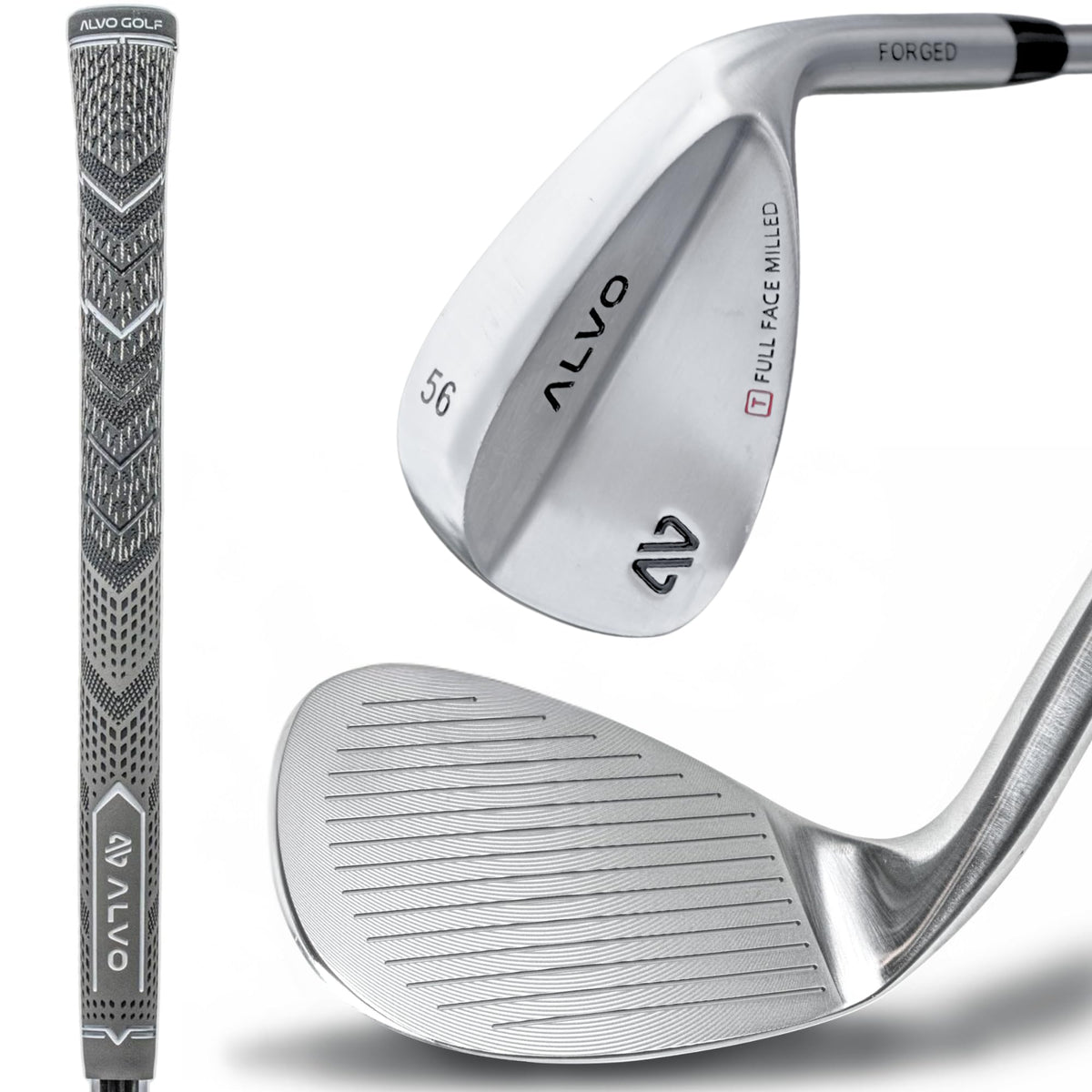 Alvo Golf Satin Chrome 56° wedge front view highlighting premium finish for precise short-game control