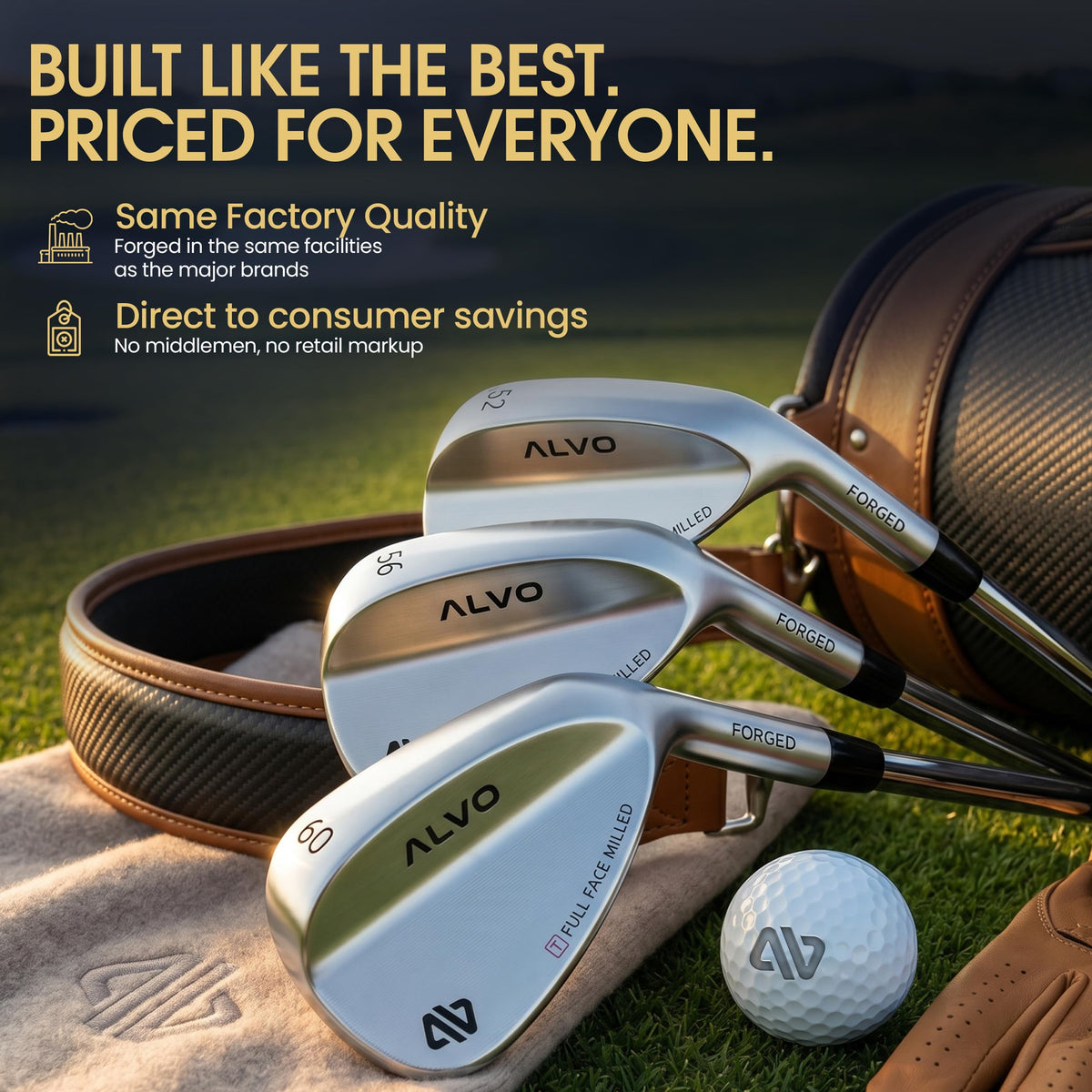 Alvo Golf satin chrome 56-degree wedge for sand play and versatile short game.