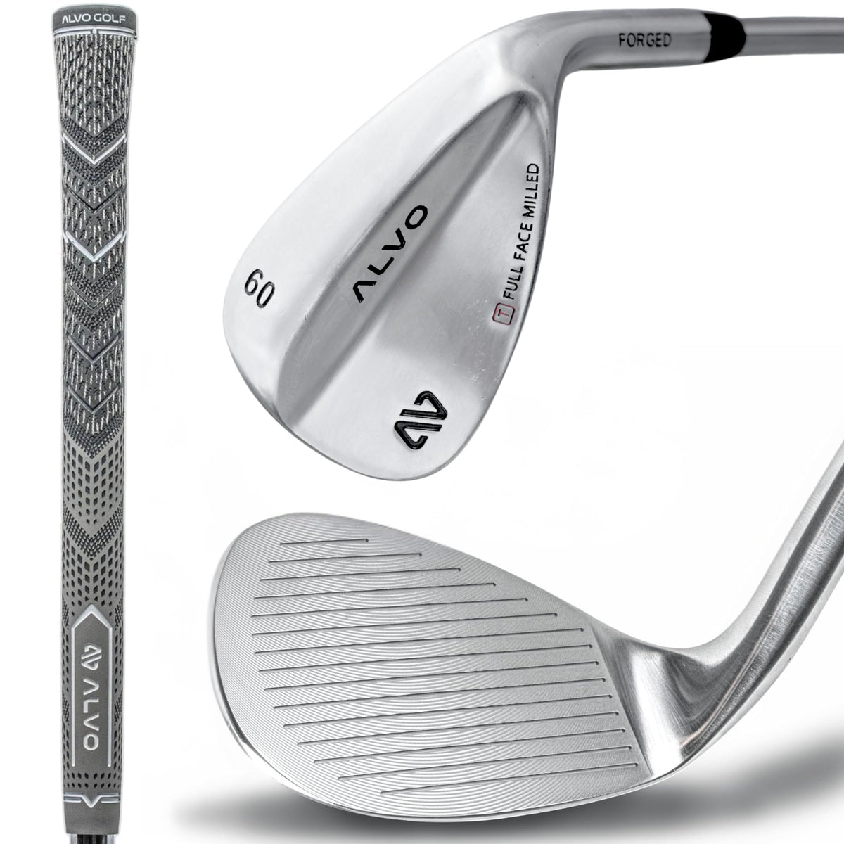 ALVO GOLF Satin Chrome wedge face close-up showing precision grooves for consistent spin.
