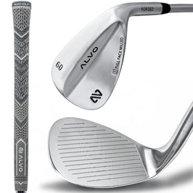 ALVO GOLF Satin Chrome wedge face close-up showing precision grooves for consistent spin.