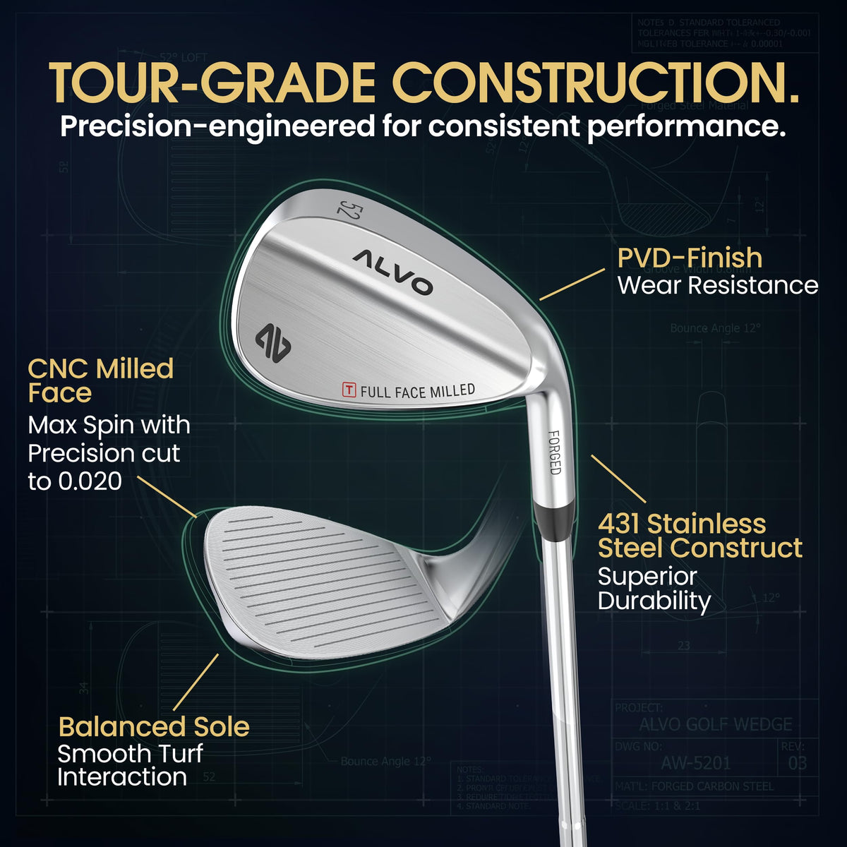 ALVO GOLF Satin Chrome wedge in bunker demonstrates versatility for sand shots.