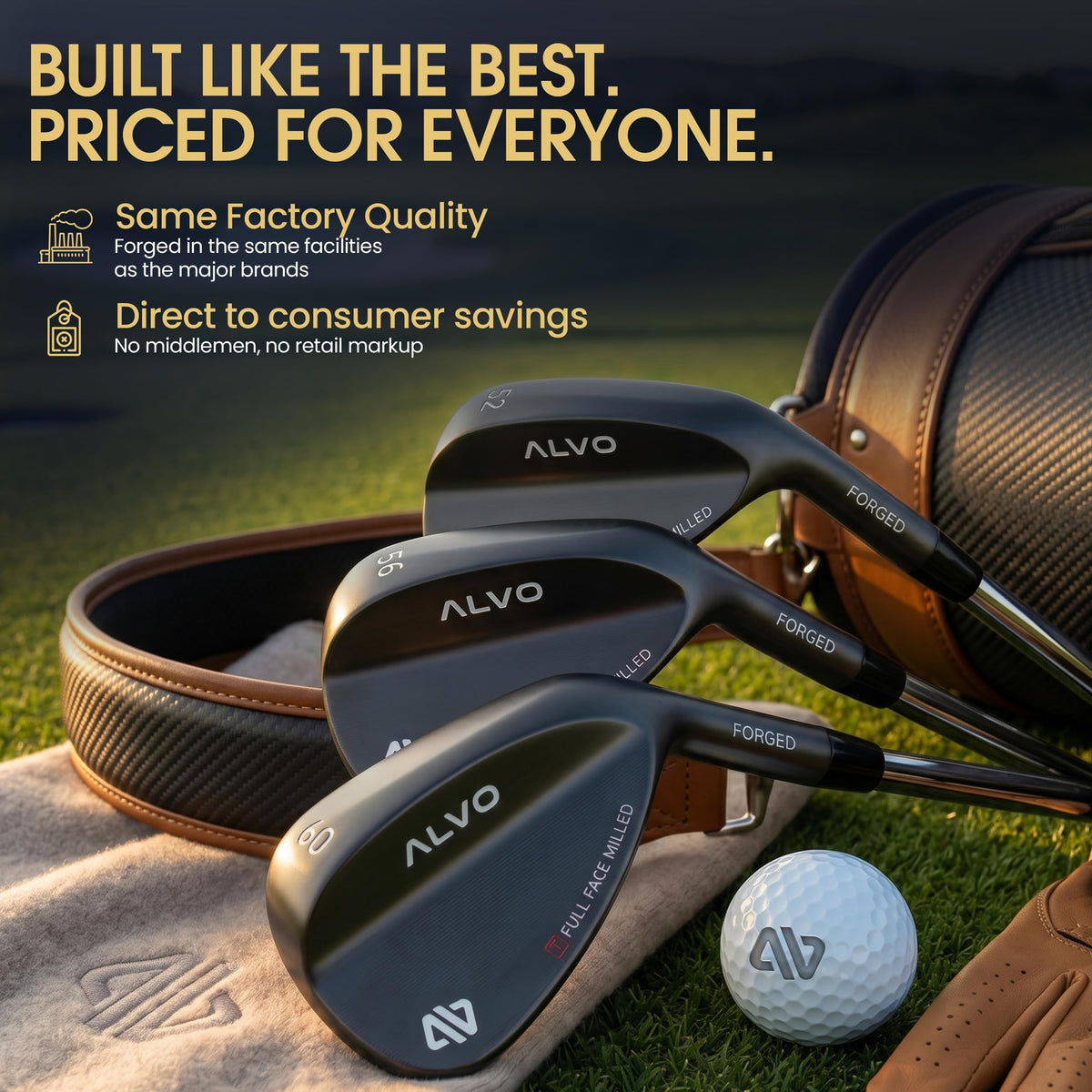 Alvo Golf Stealth Black 56° wedge face close-up with CNC milling and grooves.