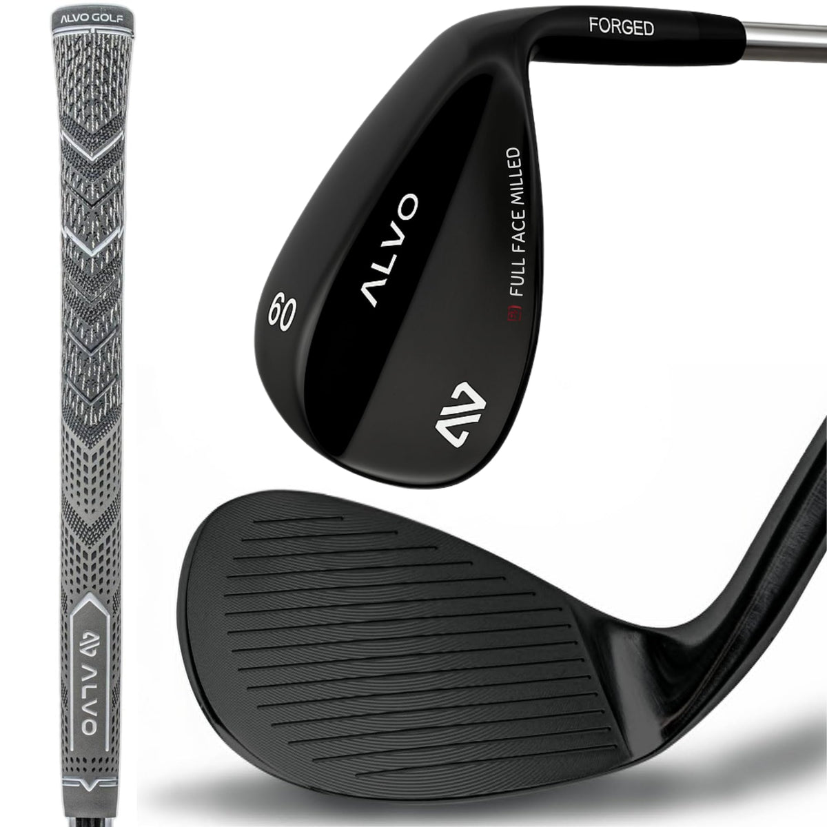 Alvo Golf Stealth Black 60° wedge front view highlighting precision build for consistent pitches.