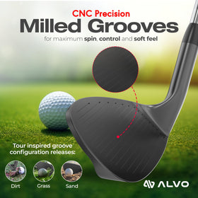 Alvo Golf Stealth Black 70-degree wedge features premium grip for precise feedback.