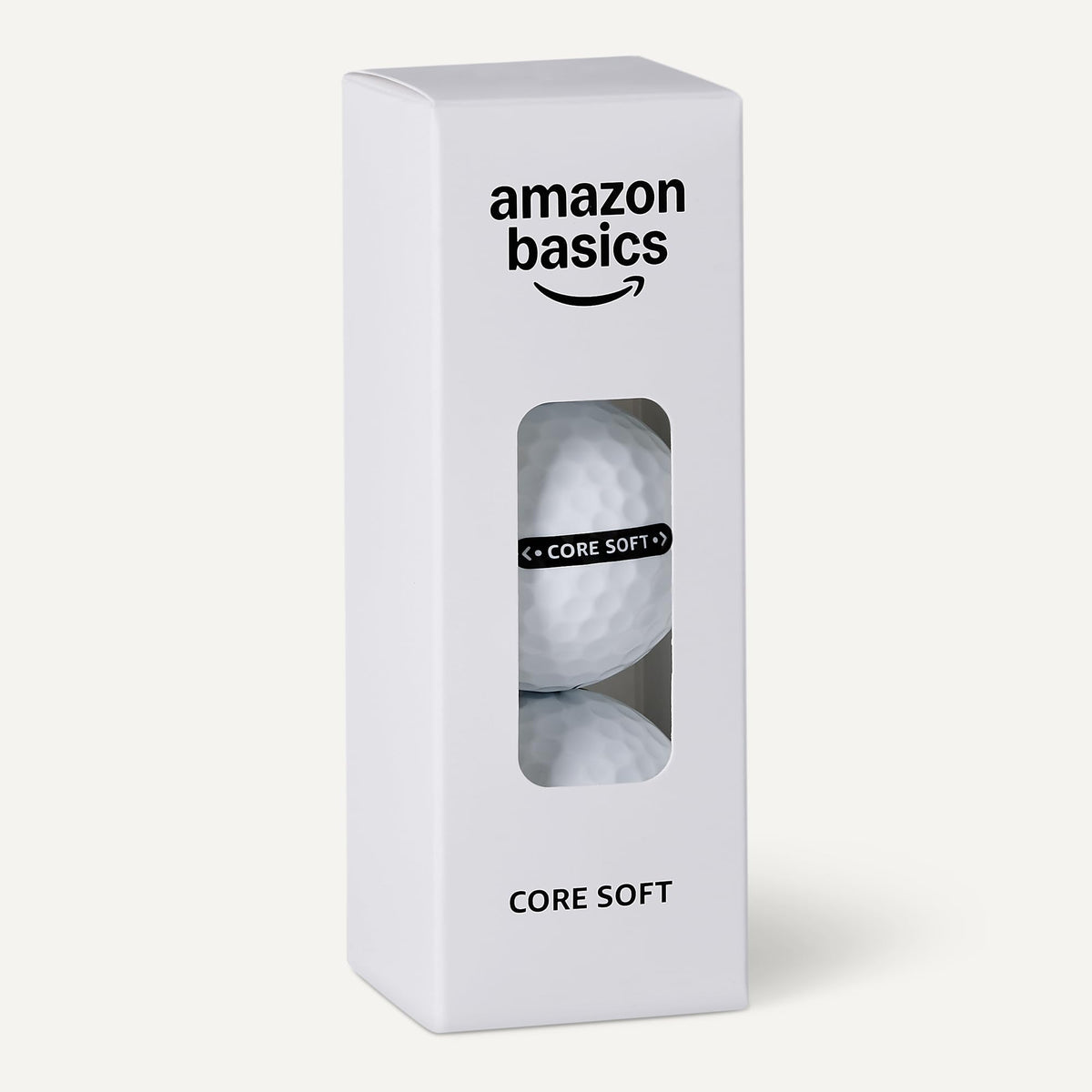 Amazon Basics Core Soft golf balls 24-pack showing high visibility white cover for tracking