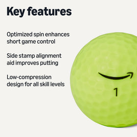 Close-up of Amazon Basics Core Soft Golf Balls highlighting the soft-core technology for feel.