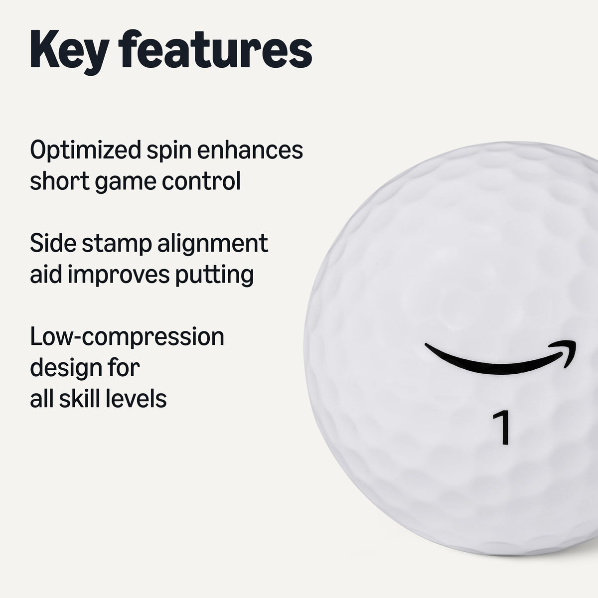 Amazon Basics golf balls with side-stamp alignment aid for better putting alignment.