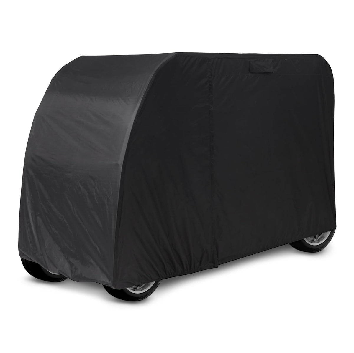 Amazon Basics golf cart cover on a cart in sunny weather, offering water resistance and UV protection.