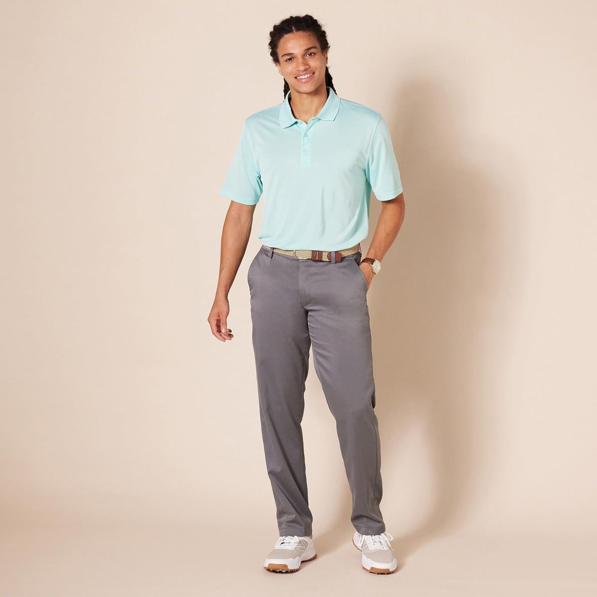 Amazon Essentials golf pants waistband with shirt-gripping design keeps tops neatly tucked.