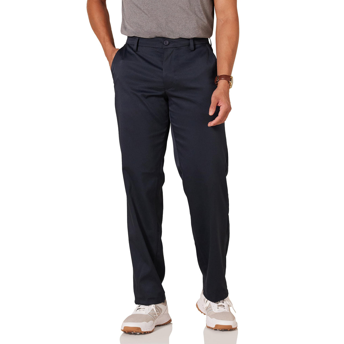 Amazon Essentials men's golf pant, front view, classic fit for all-day comfort.