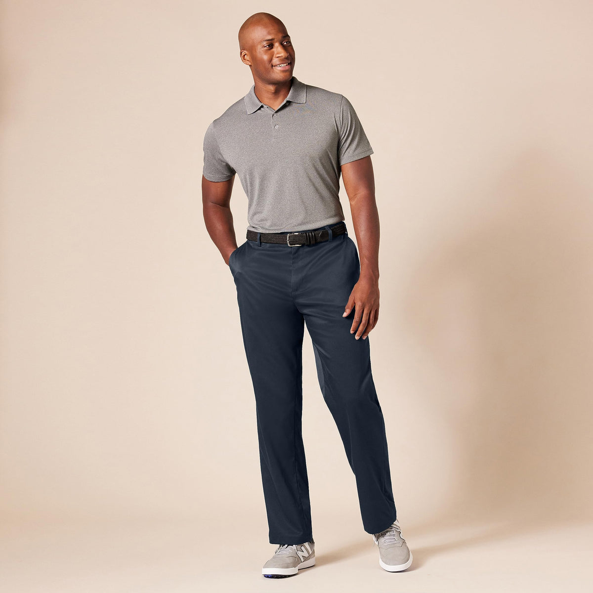 Amazon Essentials men's classic-fit stretch golf pant navy packaged for convenient wardrobe pick