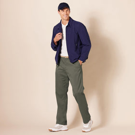 Amazon Essentials olive golf pants on model for on course and casual use