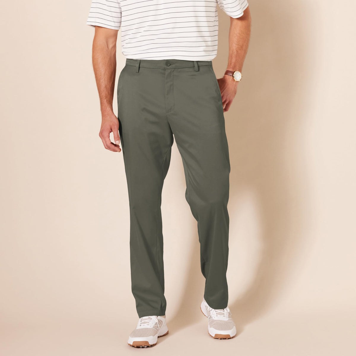 Amazon Essentials olive golf pants highlight a 8.5 inch leg opening for easy movement.