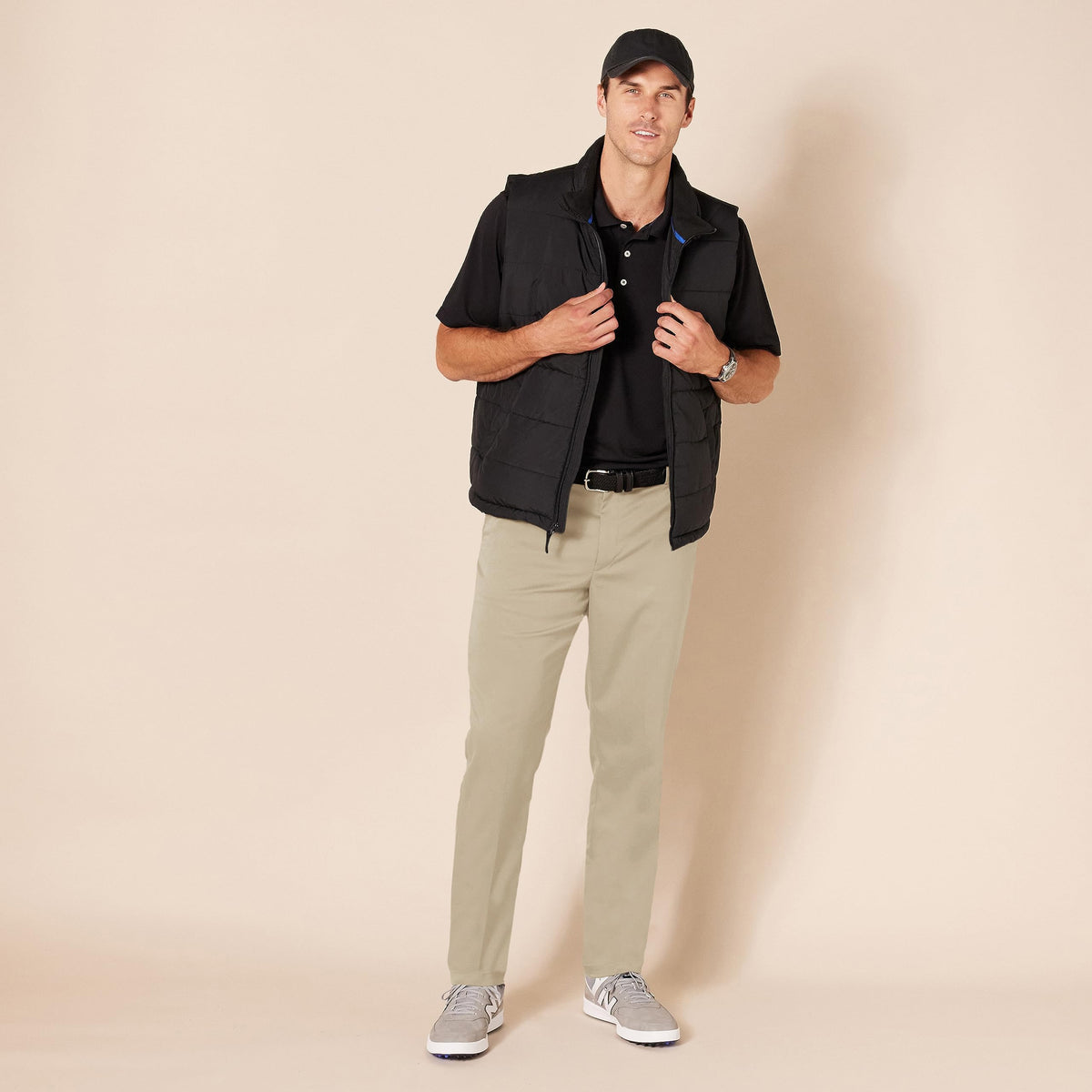 Amazon Essentials on-model view in khaki shows slim-fit styling.