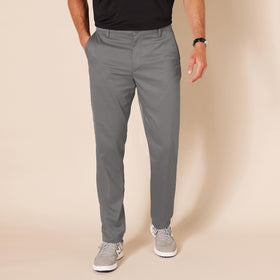 Wrinkle-resistant finish on grey golf pant, tidy look through rounds