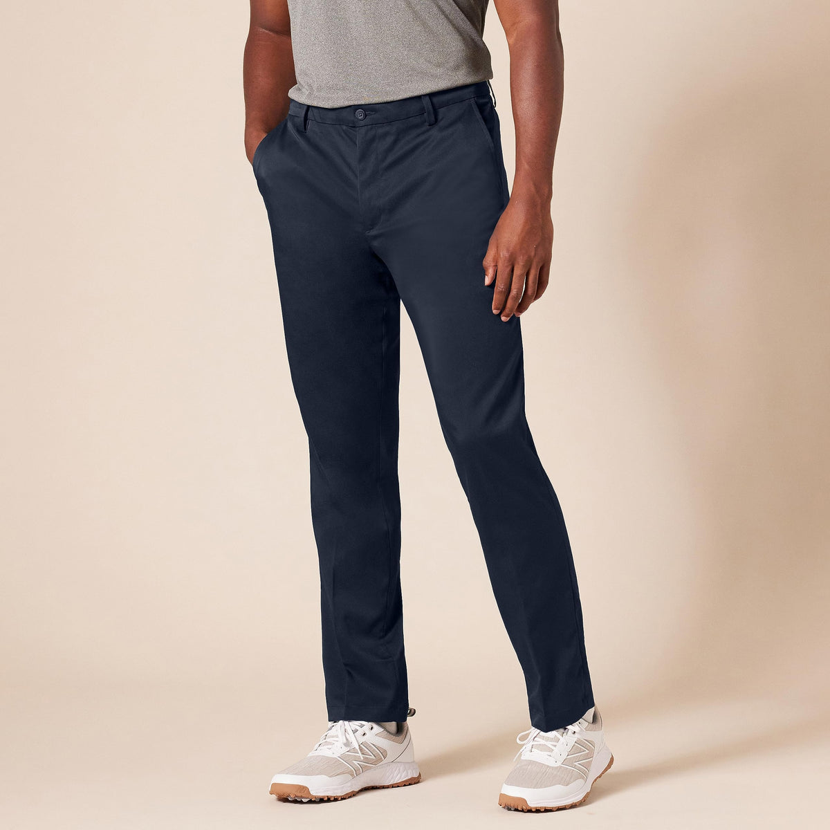 Amazon Essentials navy side profile of golf pant showing tapered leg