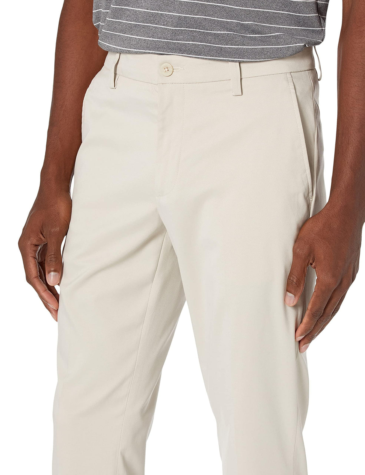 Amazon Essentials waistband closeup shows secure shirt-tucking performance.