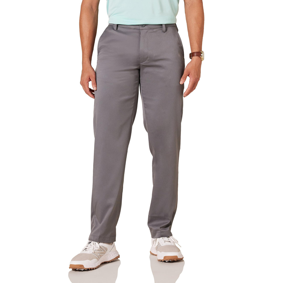 Amazon Essentials men's straight-fit stretch golf pant in grey—front view highlighting flexible comfort for all-day wear.