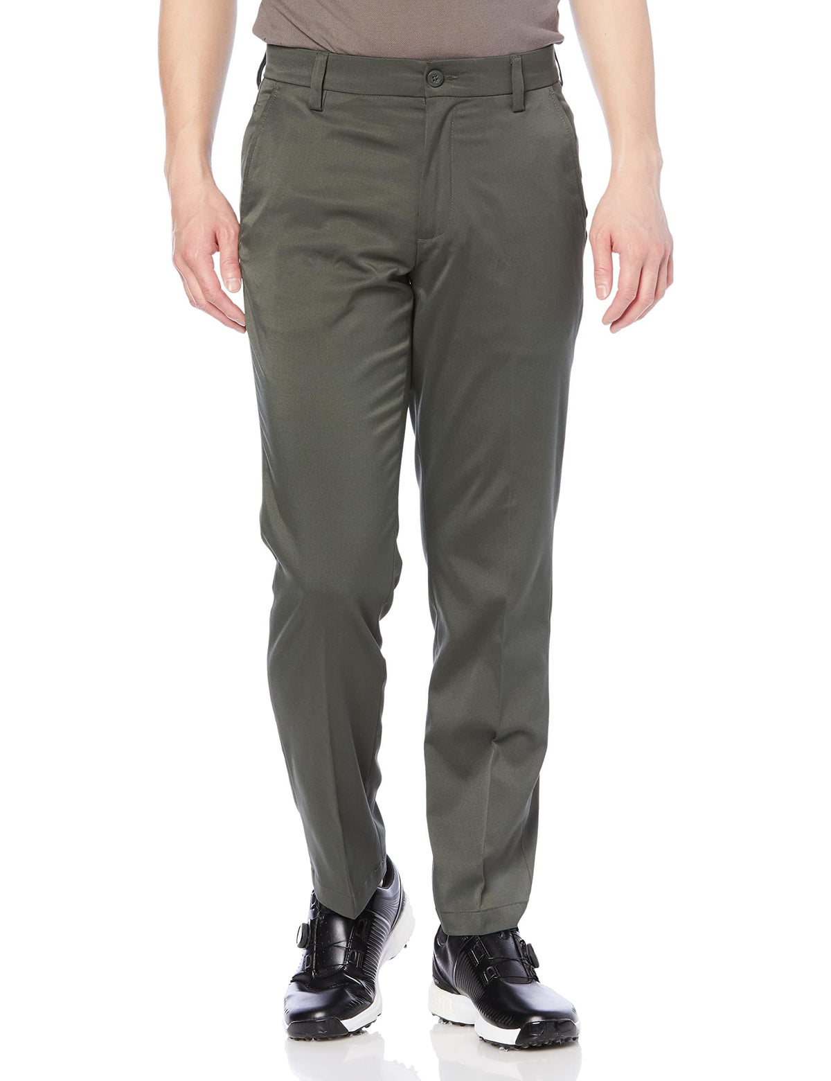 Amazon Essentials men's straight-fit olive golf pant; front view with shirt-tucking waistband for neat look.