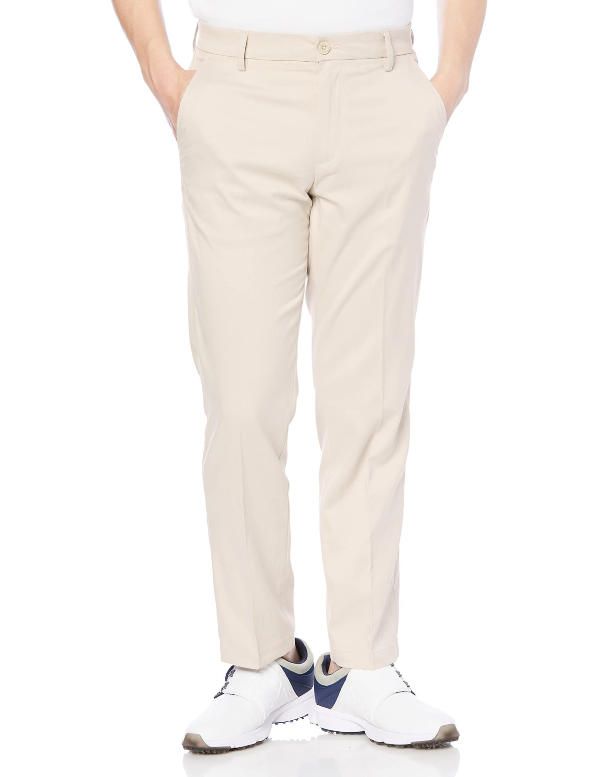 Amazon Essentials men's straight-fit stretch golf pant, stone color, front view for all-day comfort and performance.