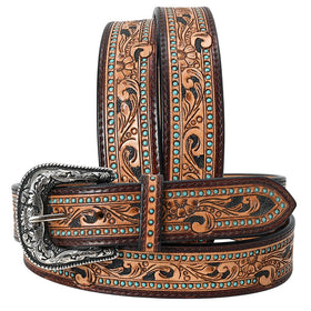 American Darling hand-tooled brown leather belt highlights artisanal detail for versatile outfits.