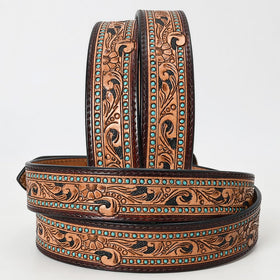 American Darling hand-tooled brown leather belt showing craftsmanship for durability