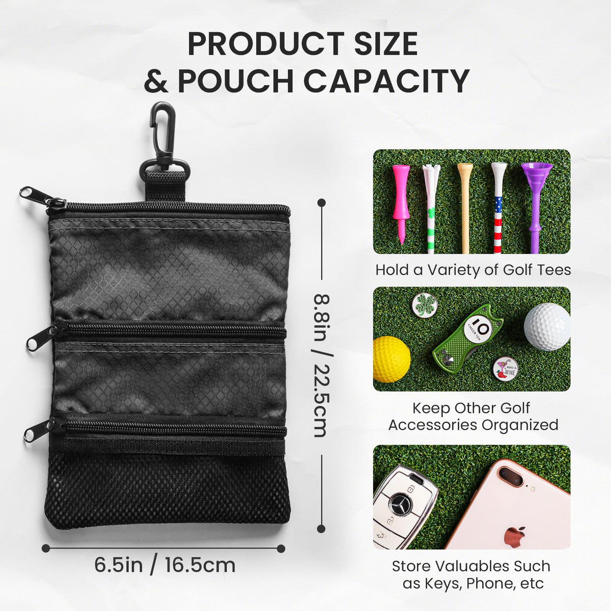Amy Sport golf bag pouch with 10 wood tees included for ready-to-go setup.