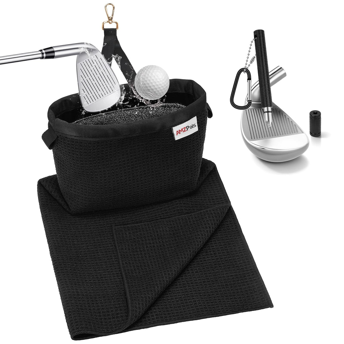 AMZPals Pro Generation golf club cleaner with attached towel keeps gear dry and polished on course