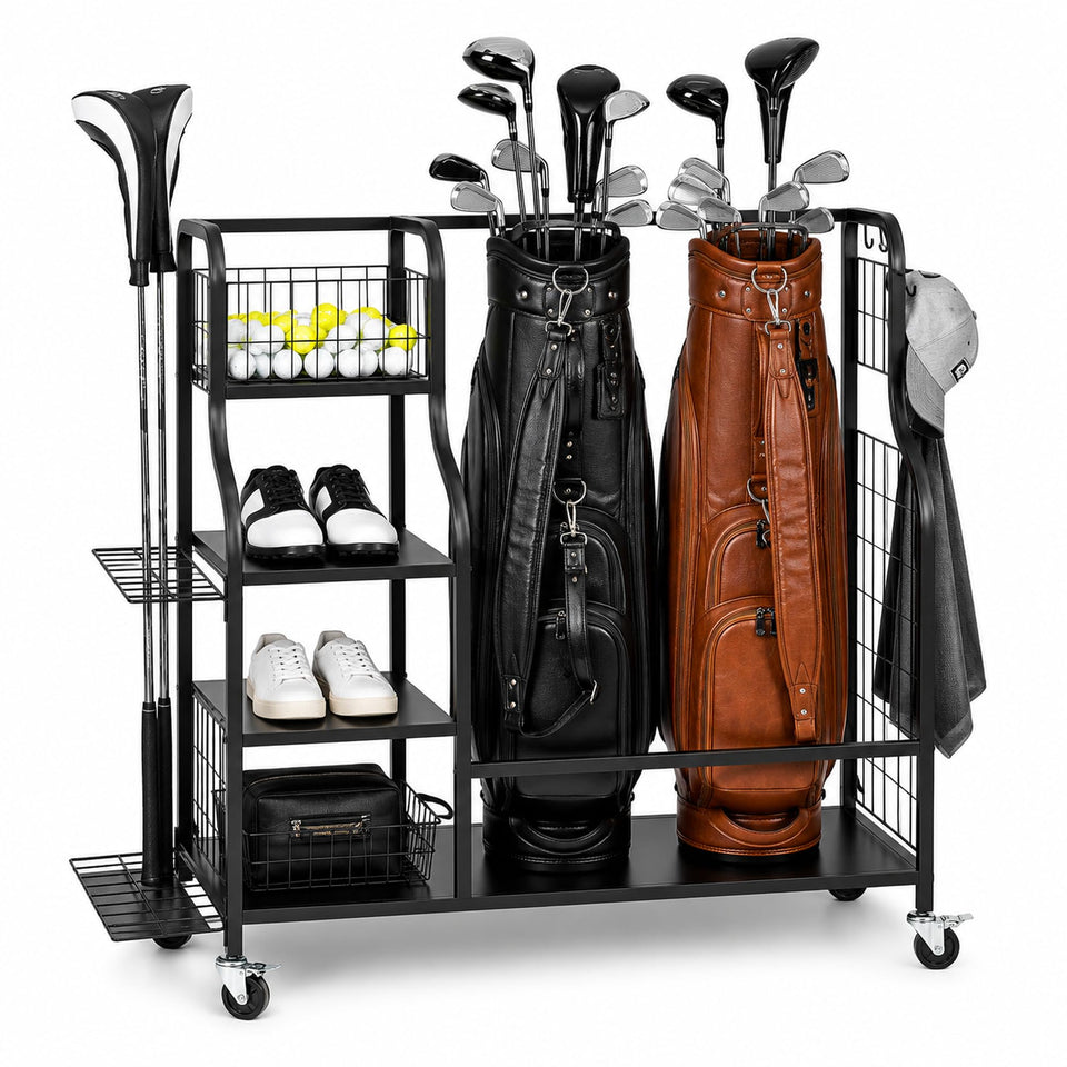 Angora Brands Golf Club Storage Rack holds two bags upright for easy access