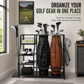 Angora Brands Golf Club Storage Rack integrated shelves organize shoes and towels