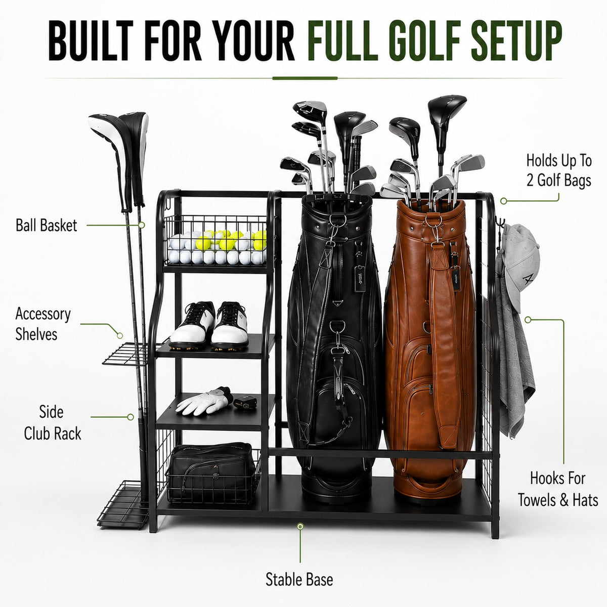 Angora Brands Golf Club Storage Rack powder-coated finish withstands garage use